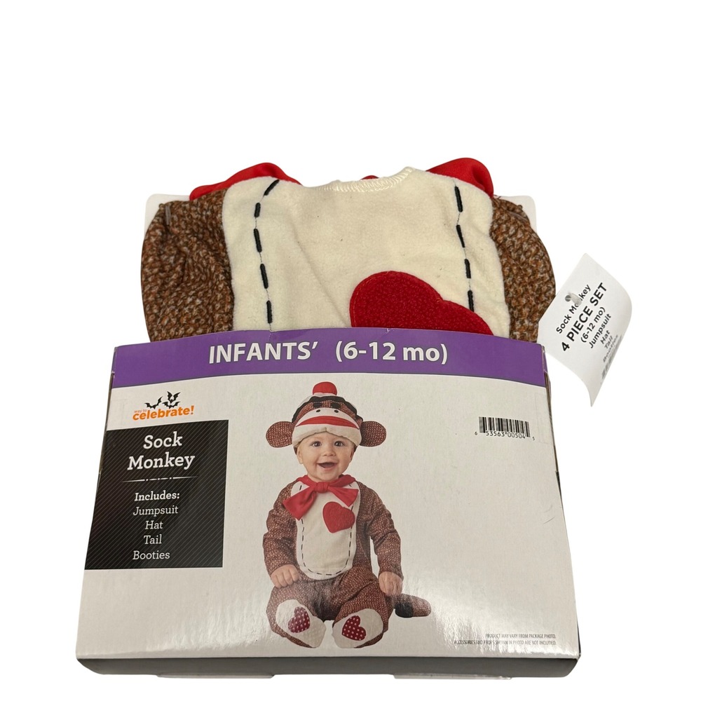 Way to Celebrate Sock Monkey Infant Costume 4 Piece Set 6-12 Months Brown Red